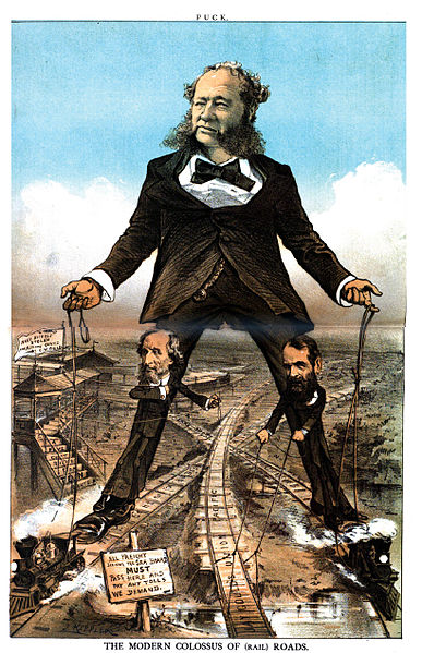 The "Modern Colossus of Rail Roads", showing the railroad tycoons of the late nineteenth century cornering the rail market.